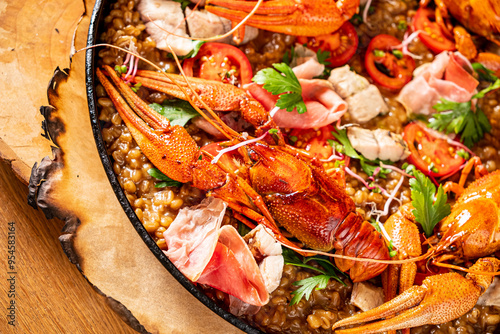 Photography seafood paella on the wooden board