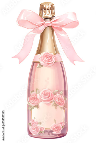 Champagne bottle decorated with pink ribbon bow and rose flowers and blank etiquette.  Cute isolated illustration
