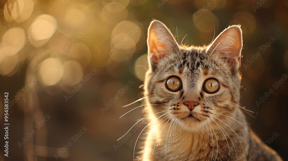 07231249 427. Scottish primate cat with expressive eyes staring into the camera, set against a blurred backdrop with space for text, highlighting animal protection themes