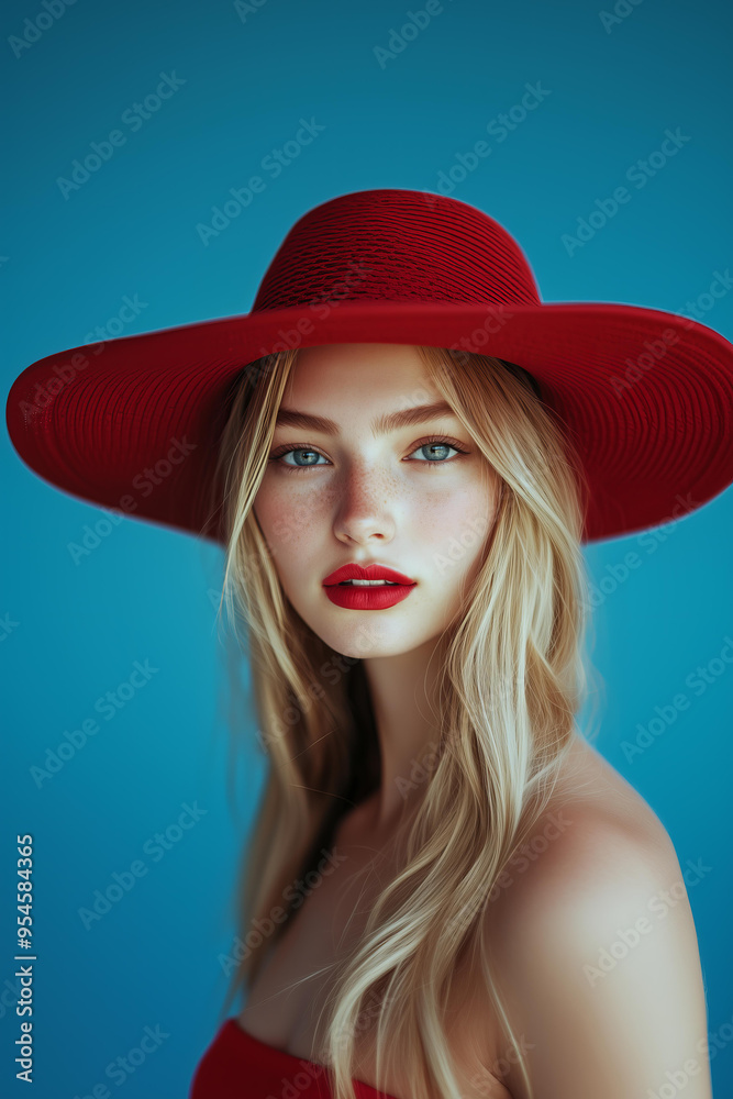 young blonde woman wearing a red hat and red lipstick against a blue background, close-up, fashion photography, with detailed skin texture, beautiful eyes, natural-looking makeup young blonde woman wearing a red hat and red lipstick against a blue background, close-up, fashion photography, with detailed skin texture, beautiful eyes, natural-looking makeup