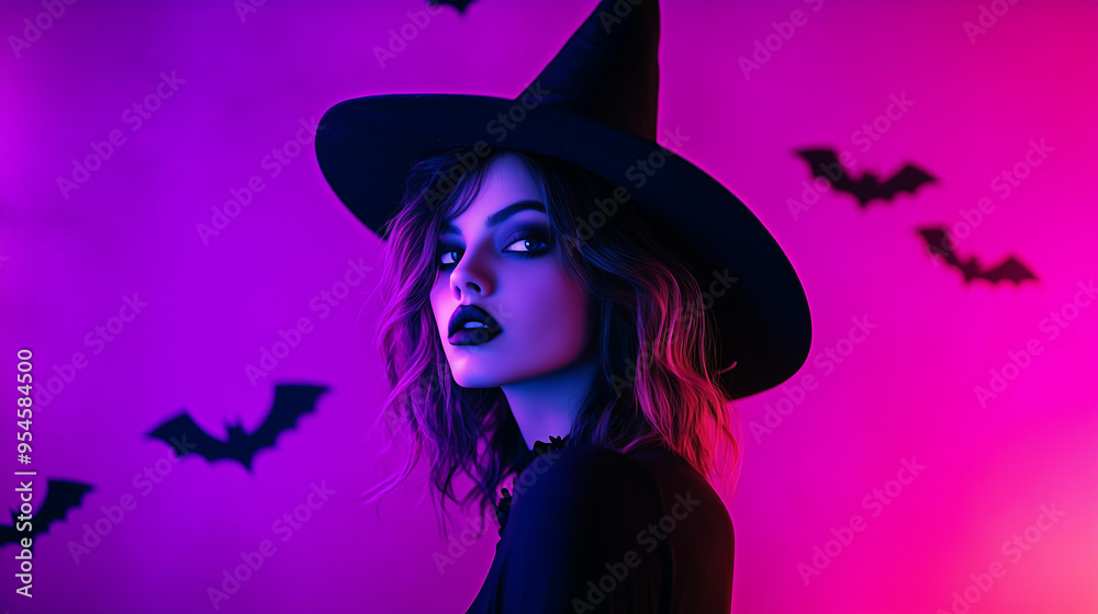 Minimalistic double exposure motion blur effect photography of a young woman wearing a black top and a black pointed hat, against an purple background with bats , with a Halloween vibe , neon lights Minimalistic double exposure motion blur effect photography of a young woman wearing a black top and a black pointed hat, against an purple background with bats , with a Halloween vibe , neon lights