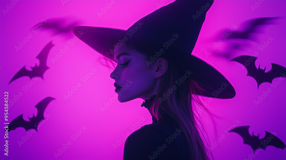 Minimalistic double exposure motion blur effect photography of a young woman wearing a black top and a black pointed hat, against an purple background with bats , with a Halloween vibe , neon lights Minimalistic double exposure motion blur effect photography of a young woman wearing a black top and a black pointed hat, against an purple background with bats , with a Halloween vibe , neon lights