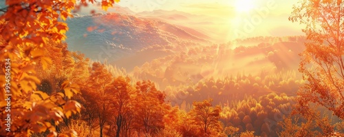 Autumn sunrise casting a golden glow over hills, 4K hyperrealistic photo