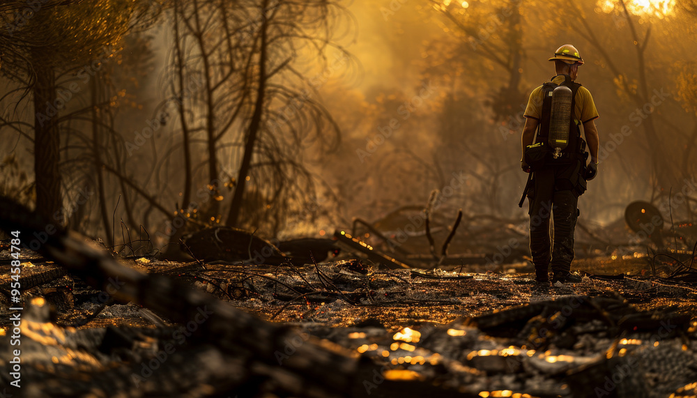 Firefighter in a Burned Forest
