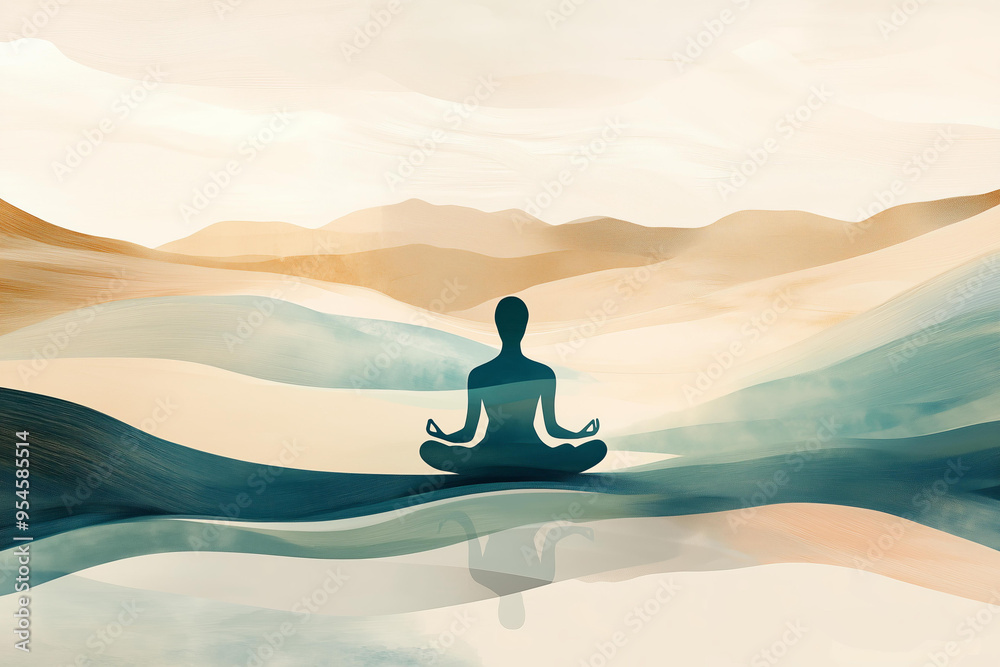 A calming and abstract illustration of a person meditating in a peaceful natural setting, with soft, flowing lines and muted pastel colors, symbolizing mental health and inner peace