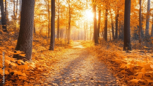 Golden Leaf Trail, a serene path in a tranquil forest, adorned with a carpet of autumn leaves, where gentle sunlight dances through the canopy of trees.