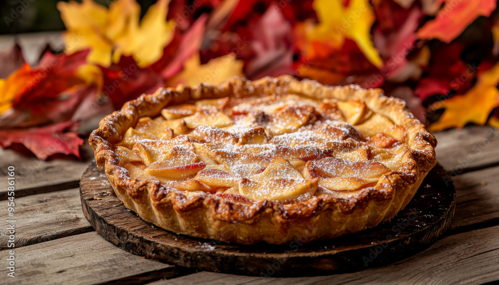 A freshly baked apple pie sits on a wooden surface, surrounded by vibrant autumn leaves, evoking a cozy fall atmosphere. A freshly baked apple pie sits on a wooden surface, surrounded by vibrant autumn leaves, evoking a cozy fall atmosphere.
