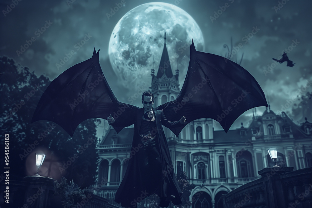 Fototapeta premium Superior Vampire in Gothic Castle Under Full Moon Dressed in an Elegant Reddish Suit for Halloween