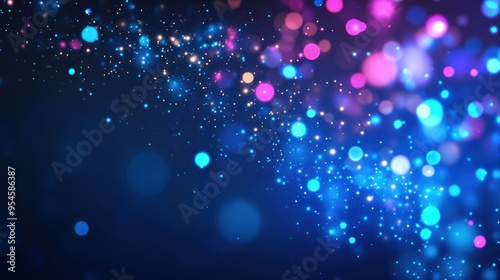 Vibrant bokeh background with blue and pink light spots, creating a magical and festive abstract atmosphere.