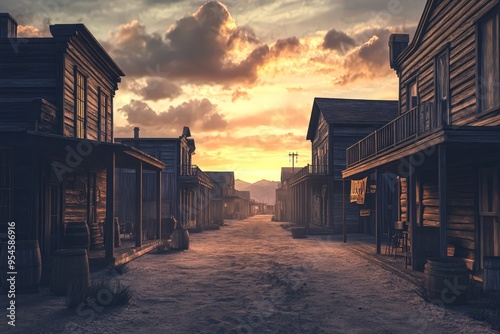 An old western town street with a dusty dirt road at sunset, from the cowboy era. The scene features old wooden buildings, a dusty atmosphere, and a wild west ambiance. The sky is dark with dusty clou