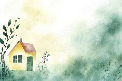 Whimsical watercolor background featuring adorable cottage and foliage design for art projects photo