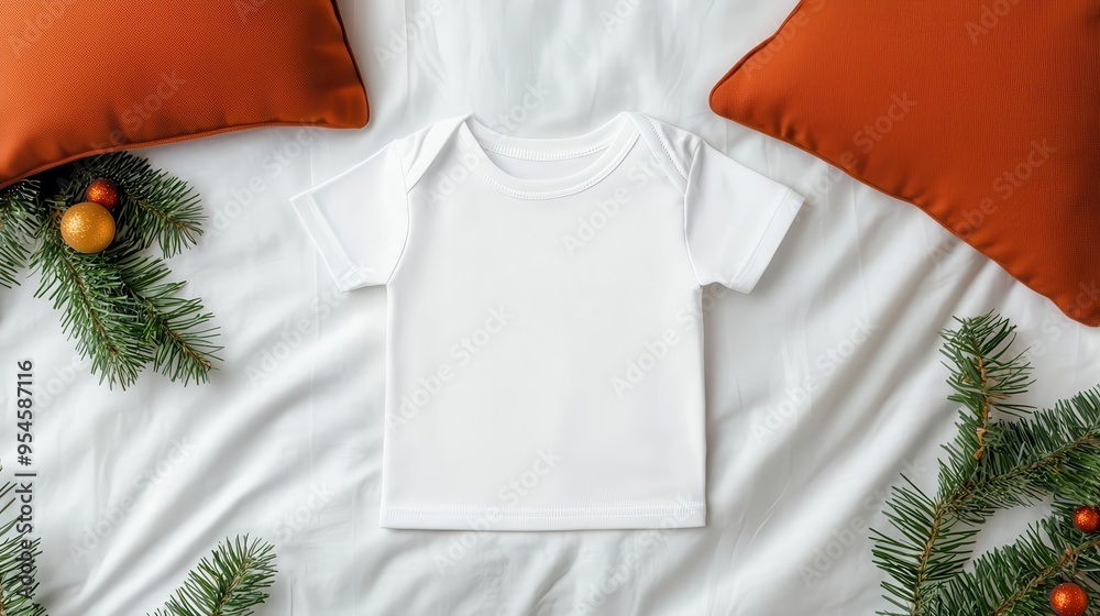 Baby T-shirt lying on a bed with Christmas-themed pillows, Christmas T-Shirt Mockup, Cozy and warm atmosphere Baby T-shirt lying on a bed with Christmas-themed pillows, Christmas T-Shirt Mockup, Cozy and warm atmosphere