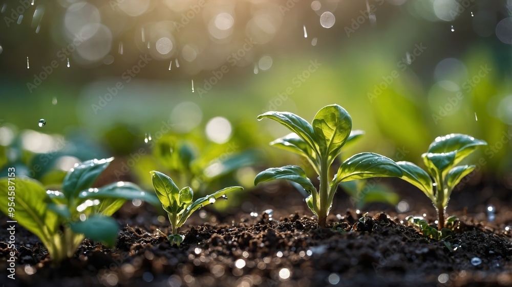 Small green seedlings thrive in damp soil while raindrops nourish them in morning light Small green seedlings thrive in damp soil while raindrops nourish them in morning light