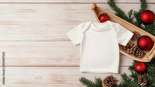 Baby T-shirt on a sleigh with Christmas ornaments, Christmas Mockup, Vintage holiday theme