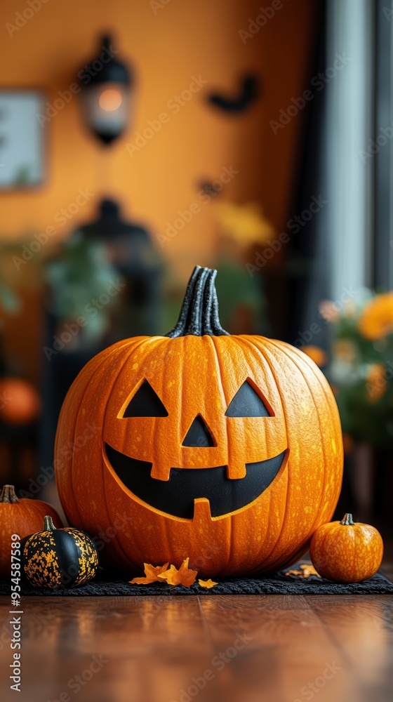 Obraz premium Halloween pumpkin with a smiley face in the background of the apartment, spooky Halloween atmosphere
