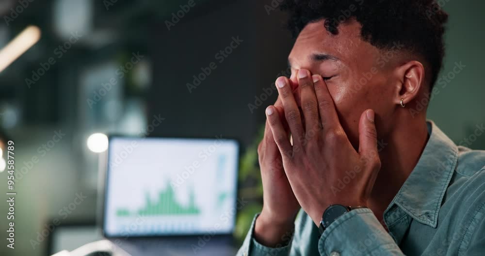 Night, stress and businessman with headache in office for eye strain, overtime and burnout of deadline. Business, data analyst and computer with graphs for cryptocurrency, fail and investment mistake