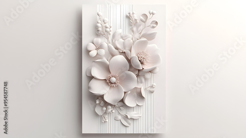 A 3D bas-relief of white flowers and leaves against a white background with vertical stripes.
