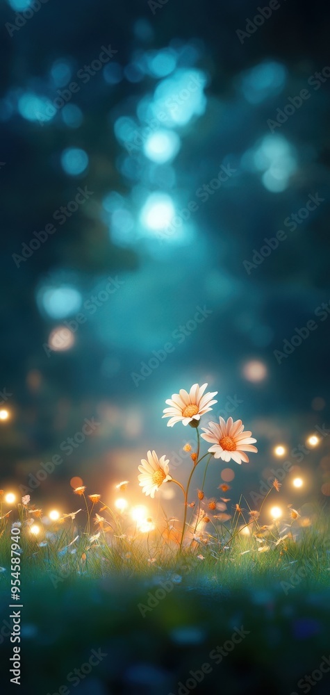 Fototapeta premium A serene scene featuring glowing flowers in a dreamy forest, surrounded by ethereal light and soft, magical ambiance.