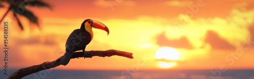 Toucan on a Branch at Sunset, a vibrant toucan resting on a branch against a stunning sunset sky, showcasing rich colors and the beauty of nature's wildlife. photo