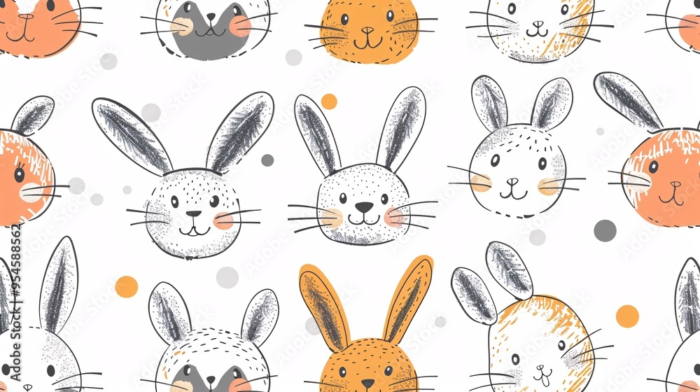 07231249 450. Vector illustration of a seamless pattern with hand-drawn bunny faces, showcasing different cute expressions on a clean white background, ideal for baby clothing and rodent animal 07231249 450. Vector illustration of a seamless pattern with hand-drawn bunny faces, showcasing different cute expressions on a clean white background, ideal for baby clothing and rodent animal