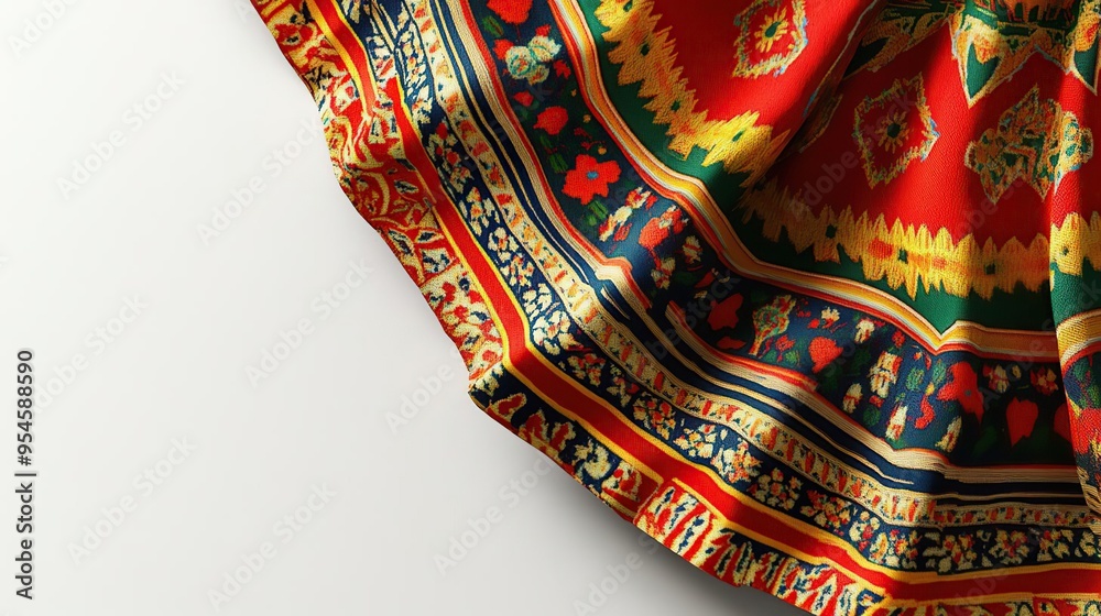A vibrant fabric featuring intricate patterns in red, green, and yellow colors. A vibrant fabric featuring intricate patterns in red, green, and yellow colors.