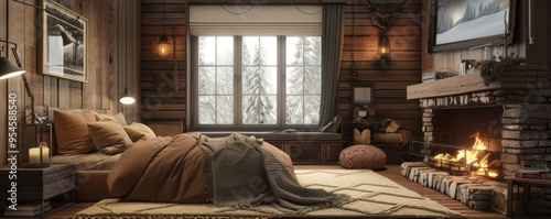 Cozy bedroom with a fireplace and rustic decor, 4K hyperrealistic photo