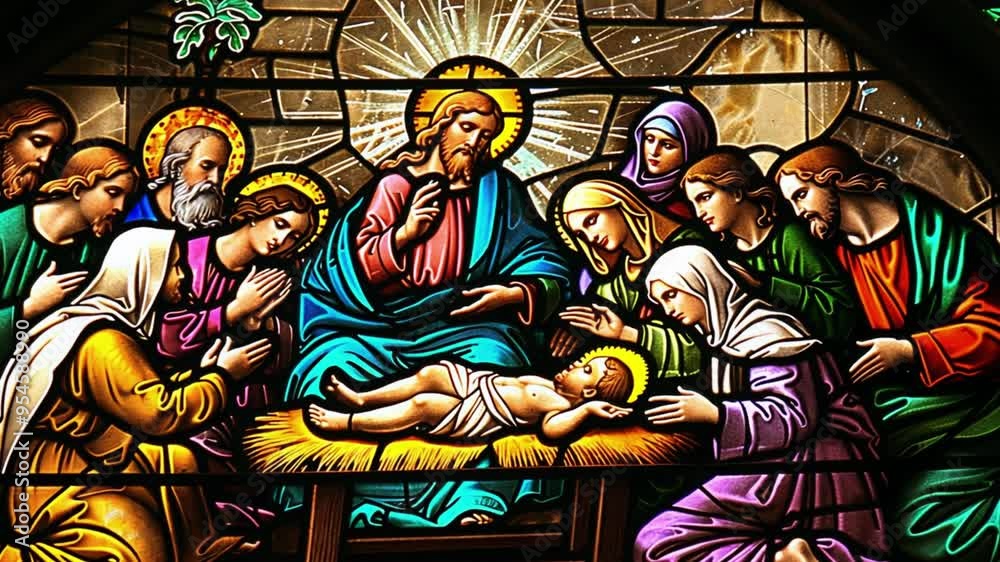 The birth of Jesus Christ scene in stained glass style. Christmas symbol and icon. 4k video Stained glass window in catholic church Jesus Christ The birth of Jesus Christ scene in stained glass style. Christmas symbol and icon. 4k video Stained glass window in catholic church Jesus Christ