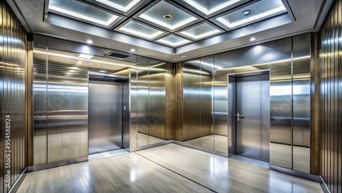 In Lynn, Massachusetts, the modern elevator cabin features metallic walls, illuminated ceiling panels, and a polished photo