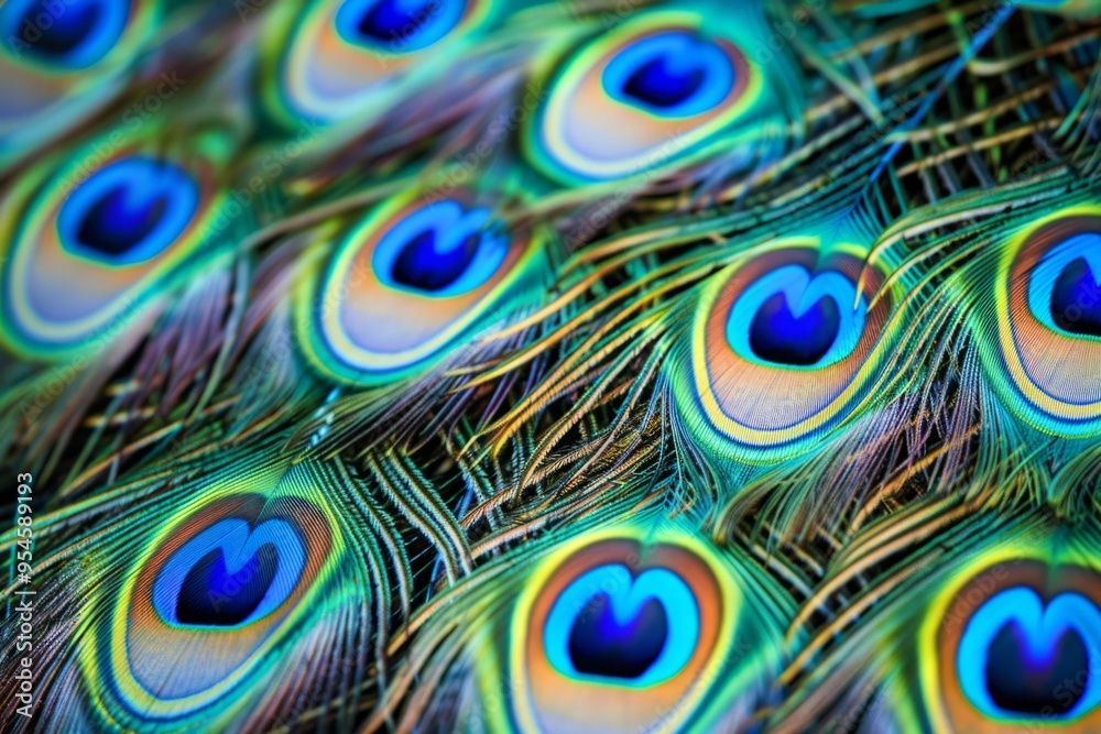 Obraz premium Stunning close-up of vibrant peacock feathers displaying intricate patterns and colors. Ideal for nature lovers and art enthusiasts. Capturing beauty in every detail. Generative AI