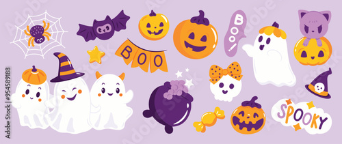 Happy Halloween day element background vector. Cute collection of spooky ghost, pumpkin, bat, candy, cat, skull, spider. Adorable halloween festival elements for decoration, prints.