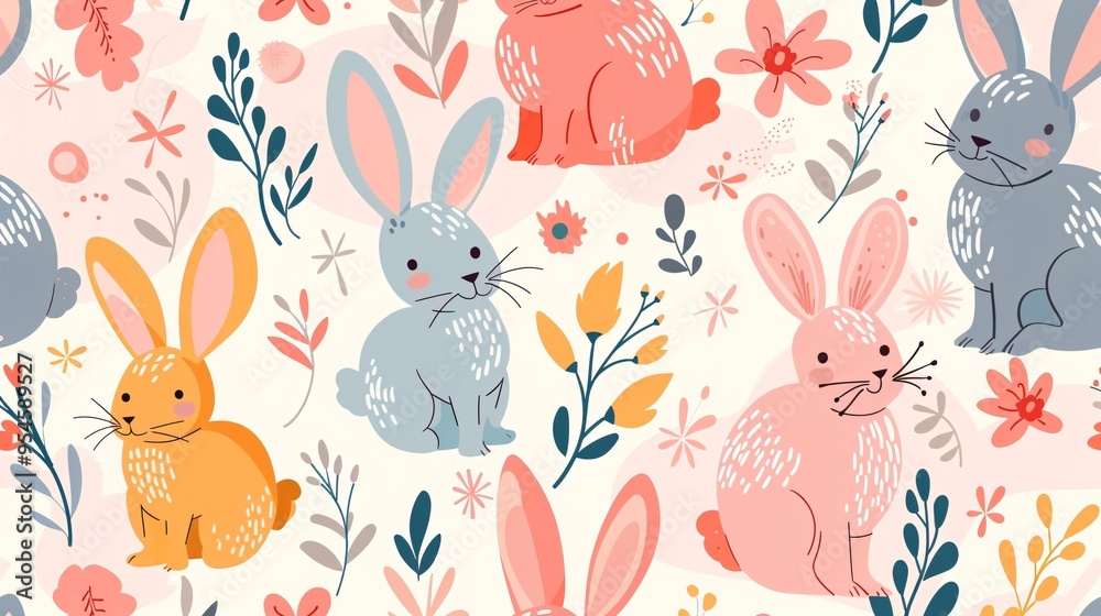 07231249 453. Seamless pattern with cute cartoon bunnies in different colors and poses, designed in a flat vector style, ideal for kids' textile and gift wrapping paper 07231249 453. Seamless pattern with cute cartoon bunnies in different colors and poses, designed in a flat vector style, ideal for kids' textile and gift wrapping paper