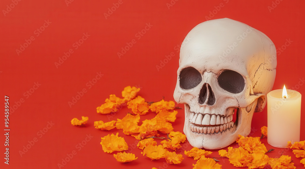 Artistic skull with marigold petals and candlelight, representing Mexican Day of the Dead culture Artistic skull with marigold petals and candlelight, representing Mexican Day of the Dead culture