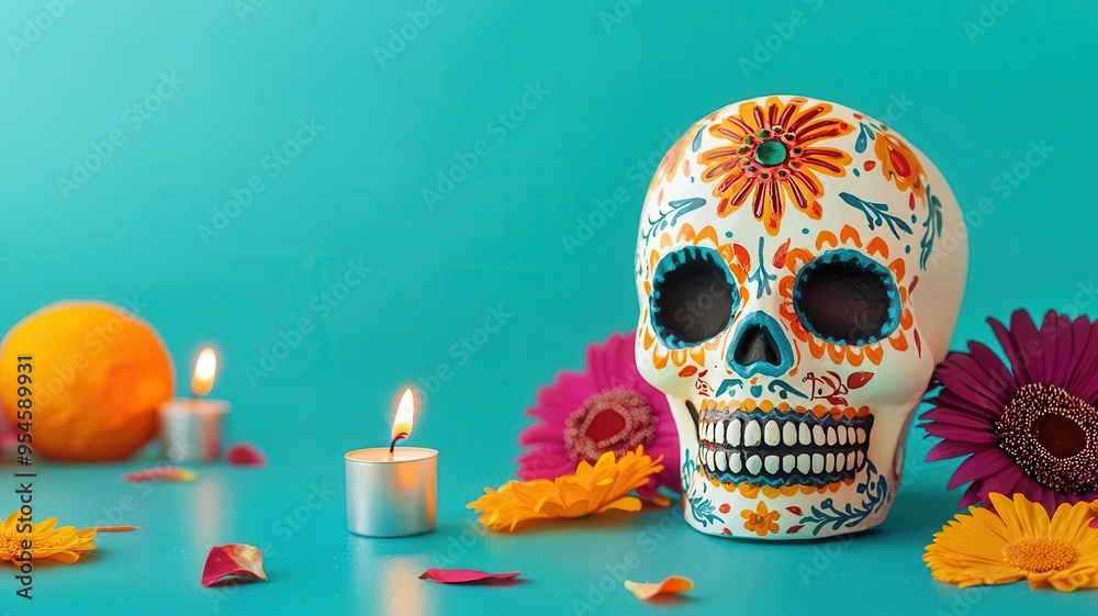 Colorful Day of the Dead altar at dusk, candles glowing among vibrant decorations, Mexican cultural heritage Colorful Day of the Dead altar at dusk, candles glowing among vibrant decorations, Mexican cultural heritage