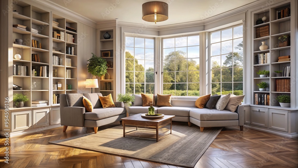 In this inviting living room, a modern bay window with built-in shelves provides a comfortable seating spot flooded In this inviting living room, a modern bay window with built-in shelves provides a comfortable seating spot flooded