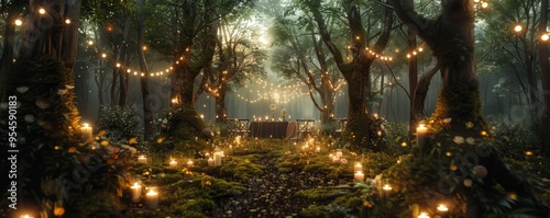 Enchanting forest ceremony with moss-covered trees and twinkling lights, 4K hyperrealistic photo