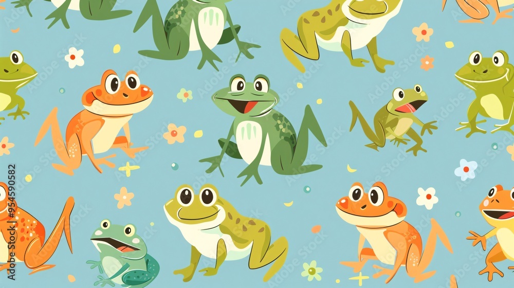 07231249 456. Seamless pattern featuring cute cartoon frogs in various playful poses, designed in a vibrant and whimsical style, perfect for kids' wallpaper and gift wrap paper
