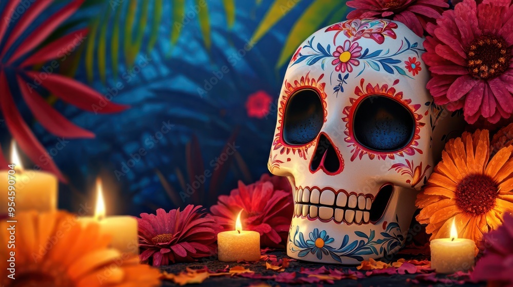 Nighttime scene of a Day of the Dead celebration, with candlelit altars and vibrant skull decorations Nighttime scene of a Day of the Dead celebration, with candlelit altars and vibrant skull decorations