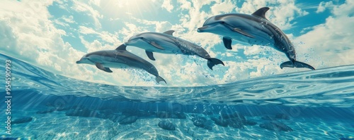 Playful dolphins leaping in crystal waters, 4K hyperrealistic photo photo