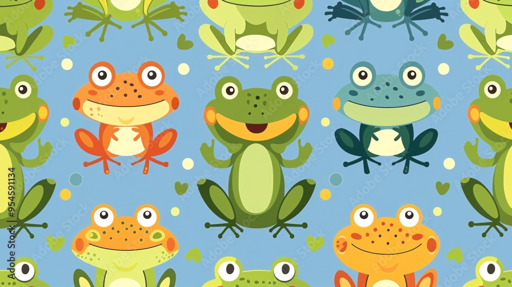 07231249 458. Cute cartoon frogs in a seamless pattern, designed with bright colors and charming expressions, suitable for kids' wallpaper and gift wrap paper 07231249 458. Cute cartoon frogs in a seamless pattern, designed with bright colors and charming expressions, suitable for kids' wallpaper and gift wrap paper
