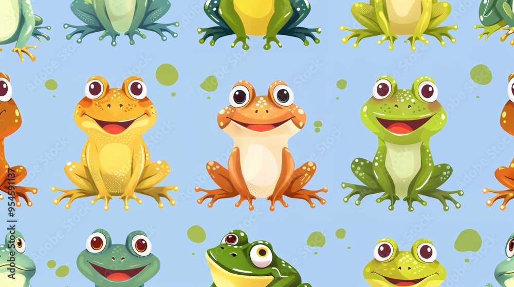 Obraz premium 07231249 459. Playful seamless pattern with cartoon frogs, showcasing a variety of cute poses and expressions, perfect for children's wallpaper and gift wrapping paper