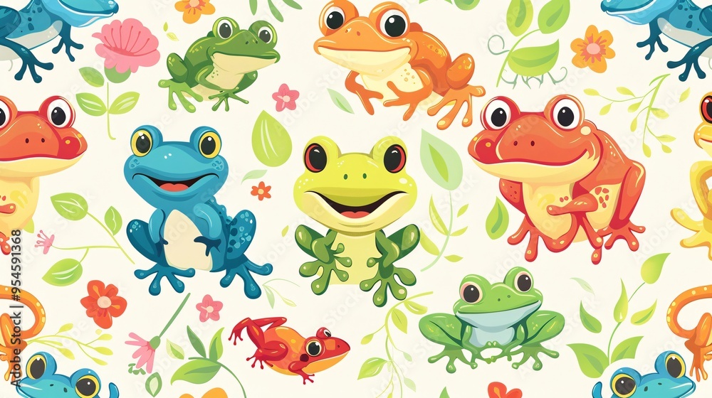 07231249 460. Colorful seamless pattern featuring cartoon frogs in different playful activities, designed for kids' wallpaper and gift wrap paper, with a focus on cuteness and fun 07231249 460. Colorful seamless pattern featuring cartoon frogs in different playful activities, designed for kids' wallpaper and gift wrap paper, with a focus on cuteness and fun