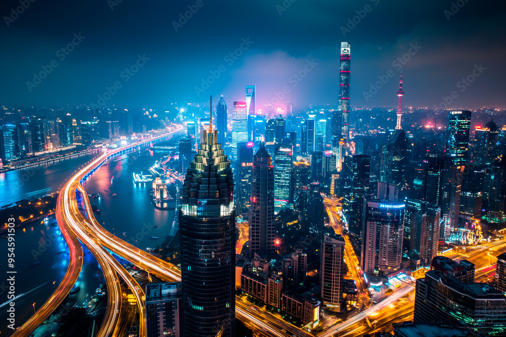 Fototapeta premium city ​​at night, city with large buildings