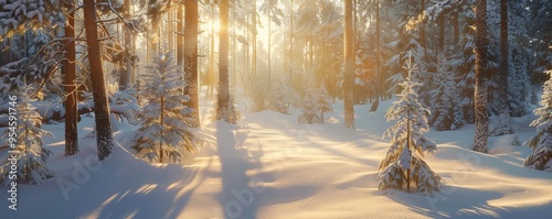 Snow-covered pine forest at sunrise, 4K hyperrealistic photo