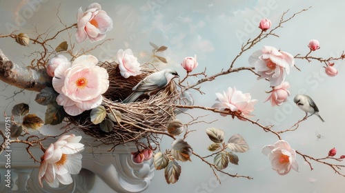 A nest of sunbirds nestled in the branches of a flowering tree.