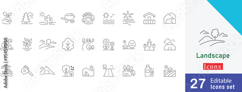 Landscape  editable Outline Icon Set. containing mountains, trees, forest, hills, river, nature, sunrise, skyline and more stroke design