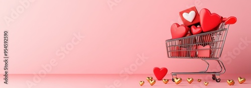 A shopping cart filled with red hearts against a soft pink background, symbolizing love and romance. photo