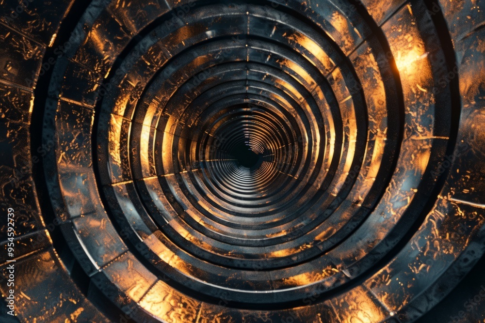 A mesmerizing view into a circular tunnel filled with glowing lights. The smooth metallic walls reflect a warm golden hue. Perfect for futuristic concepts. Generative AI A mesmerizing view into a circular tunnel filled with glowing lights. The smooth metallic walls reflect a warm golden hue. Perfect for futuristic concepts. Generative AI