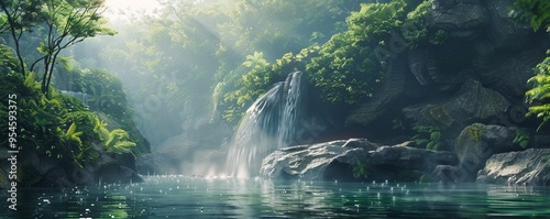 Waterfall with a natural pool ideal for swimming, 4K hyperrealistic photo