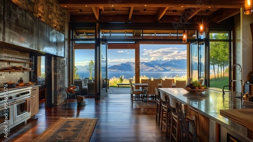 Comfortable kitchen of a lakefront divide with broad views of mountains