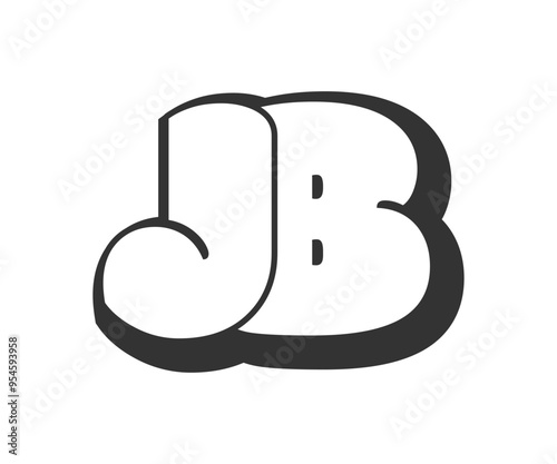 JB logo, bubble comic lettering, rounded in graffiti style black and white silhouette. Trendy preschool J and B letter text for festival party, personal initials, children funky print and web.